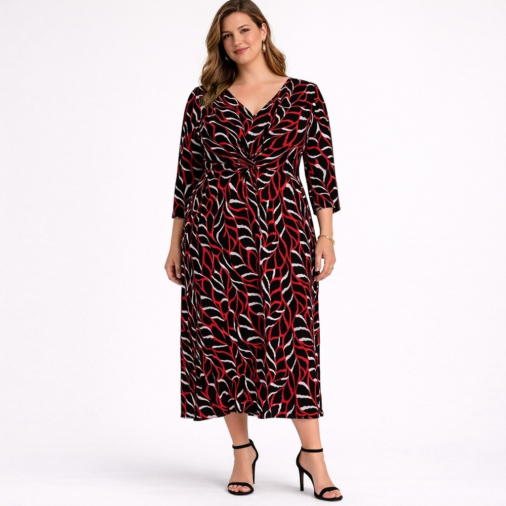 Daily Thread Womens 3X Red Black Abstract Leaf Twist Front V-Neck Midi‎ Dress